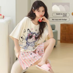 COSMO LADY | Bust Pad New Style Summer Cotton Cartoon Short Sleeve Petite Home Wear Set