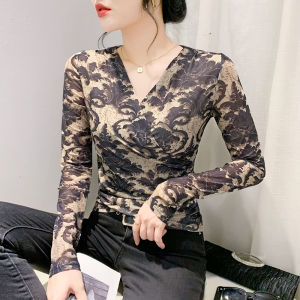 Yimei cổ V chui đầu Xếp Li Dài tay 2024 mùa xuân và mùa thu mới Retro áo in hình siêu mỏng phù hợp với cỡ lỡn Áo Thun Cơ Bản