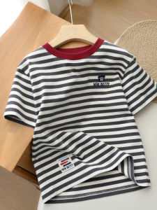 Summer Stripe T-Shirt Childrens round Neck Short Sleeve Base Shirt Boys Girls Cotton Knitted Sweat Absorbent Striped Top