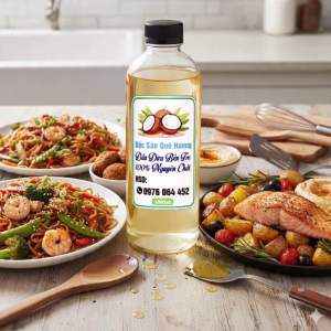 Dầu dừa nấu ăn tinh luyện nguyên chất 1000ml chuyên dụng cho nấu ăn chiên xào trộn salad làm bánh và các món ăn khác. An toàn cho sức khỏe
