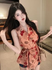 GUZILIAN | Áo vest cổ chữ V không tay cổ điển thắt eo gợi cảm thiết kế ôm sát in họa tiết hoa mùa hè cho nữ