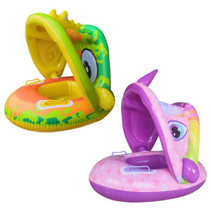 Swimming Float Seat Ring with Sun Shade Cartoon Animals Float Boat PVC Animals Swim Circles Pool Accessories for Kids