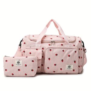 Strawberry Travel Bag Large Capacity Corduroy Luggage Bag Lightweight Crossbody Bag Multifunctional Sports and Fitness Bag