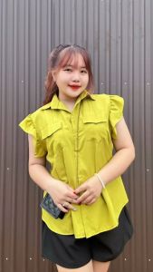 Áo sơ mi bigsize nữ tay cánh tiên dáng xòe có túi 2 bên cách điệu hàng nút kiểu babydoll chất vải lụa chéo- SM35