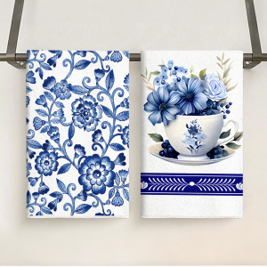 2-Piece Blue and White Porcelain Kitchen Towels Modern Blue and White Porcelain Pattern Kitchen Towels Napkin and Towel Set Machine Washable Rectangular Cartoon Floral Design Knitted Fabric Quick-Drying Lint-Free - Suitable for Dishwashing and ...