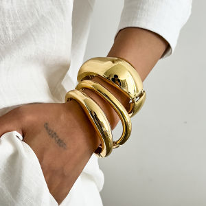 Salircon Vintage Punk Glossy Wide Cuff Bangle Women HipHop Gold Color Geometric Metal Spring Bracelet Pulseras Steampunk Jewelry