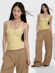 เสื้อกั๊กสั้นแขนกุดคอวีลายทางสีเหลืองสำหรับผู้หญิงในช่วงฤดูร้อน สไตล์คลาสสิก เสื้อชั้นในทรงเข้ารูป ทรงเข้ารูป สไตล์หวานและเผ็ดร้อน