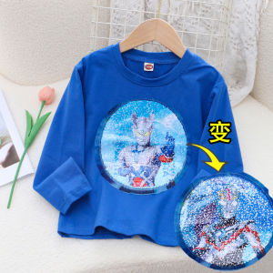 Flip Sequin Long Sleeve Ultraman T-Shirt for Boys Spring Autumn Fashionable Childrens Superhero Top Trendy Kids Clothing