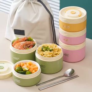 Ceramic-Lined Thermal Lunch Box – Portable & Microwave-Safe Bento Set with Stackable Containers in Pink Yellow Green and Cream Lids Stainless Steel Utensils and Carrying Bag.