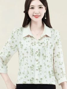 Summer New Style Casual Commute Fashionable Seven-Quarter Sleeve T-Shirt Polo Collar Print Top Belly Concealing Womens Shirt