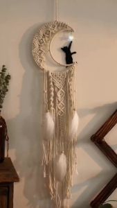 Boho Macrame Moon Cat Dreamcatcher Wall Hanging Handmade Cotton Woven Art Tapestry with Feathers for Bedroom Nursery Decor Gift