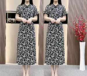 ชุดเดรสกระโปรงสั้นแขนสั้นสไตล์ฤดูร้อนใหม่สำหรับคุณแม่กลางวัย ชุดราตรียาวปานกลางสไตล์ย้อนยุค ชุดทำงานผ้าฝ้ายลายดอกไม้