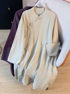 Korean Japanese Cotton Linen Shirt Chinese Artistic Button Long Belted Zen Tea Costume Stand Collar Top Womens Fashion Summer Wear