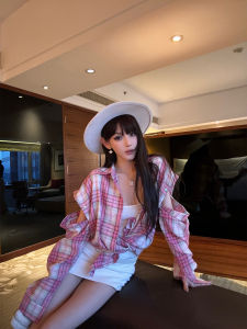 ChiclyNana Pink Plaid Loose Womens Shirt Long Sleeve Detachable Collar Outerwear Top Fashionable Versatile Girls Clothing