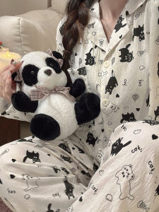 Korean Style Fishbone Cat Soft Cozy Womens Sleepwear Spring Autumn New Home Clothes Outdoor Wearable Set Long Sleeve Cloud Cotton