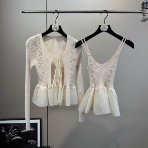 Spring Summer Knitted Long Sleeve Puffy Cardigan And Shorts Two-Piece Set with Belt for Women V-Neck Overhead Fashion Set