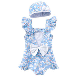 Sleeved Backless Floral One-Piece Swimwear Hat Included