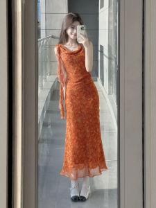 XUECAIQI | Summer French Style Elegant Floral Dress with Flutter Collar and Ribbon