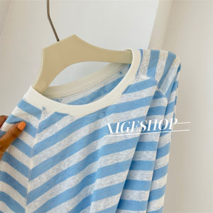 เสื้อยืดสไตล์เกาหลีสดสําหรับผู้หญิงลายทางสีฟ้าแขนยาวลําลองทรงหลวมน้ําหนักเบาดีไซน์คอกลมป้องกันแสงแดด