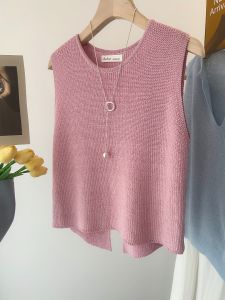 Pink Knitted Sleeveless Vest Womens Summer New Design Unique Fashion round Neck Split Vest Straight Cut Korean Style Regular Thickness