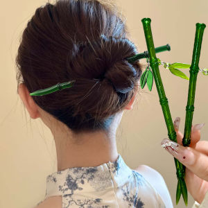 2Pcs New Chinese Style Green Bamboo Leaf Resin Hair Stick For Women Girls Vintage Acrylic Chopstick Hairpin Hair Accessories