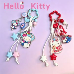Sanrio | Fashion Sanrio Hello Kitty Denim Outfit Beaded Phone Decor Pendant Keychain Portable Handbag Anti-Lost Charm Headphone Accessory