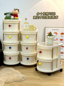Cream Style Mobile Storage Cabinet Drawers Snack Cosmetics Organizer Home Use Hand Push Cart Living Room Plastic Material