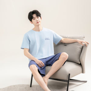 MiiOW | Mens Pure Cotton Summer Sleepwear Short Sleeve Five-Point Pants Set Round Neck Casual Wearable Home Clothes MiiOW Cat Person