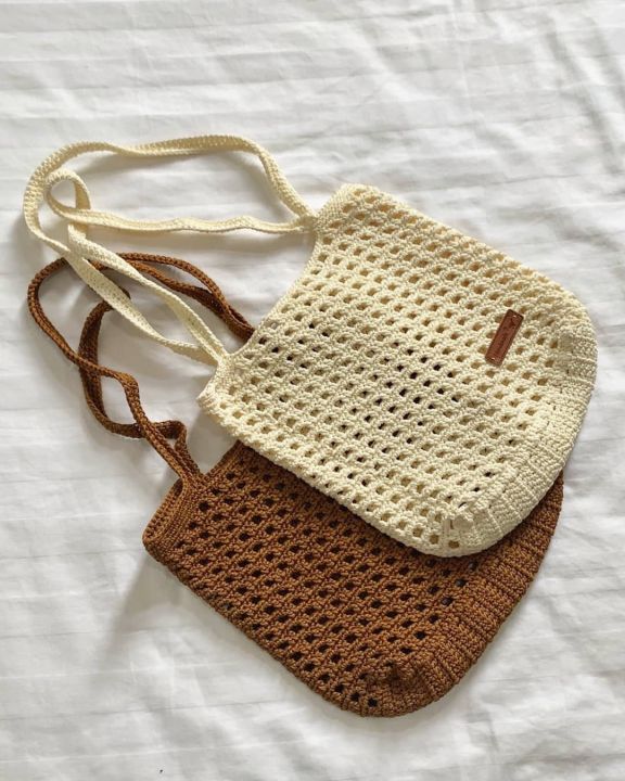 Túi tote bằng len đan móc thủ công hoạ tiết lưới ô vuông đơn giản size ...