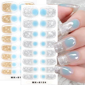 16Tips/Sheet French Blue Blush No-Bake Gel Nail Sticker Gold Silver Glitter Full Cover Nails Strips Long-Lasting Manicure Wraps