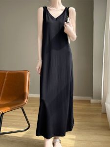 Elegant Ice Silk Knitted Dress Womens Summer Slimming Short Sleeve Strapless Gown V-Neck Long Dress Fashionable Casual Wear