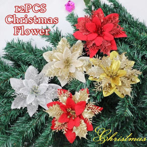 12PCS Glitter Artificial Christmas Flowers Family Holiday DIY Xmas Tree Ornaments Merry Christmas