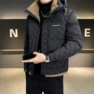 Mens Hooded Thickened Winter Cotton Jacket Dark Flower Design Trendy Brand New 2025 Youth Fashion Standard Fit Long Sleeve