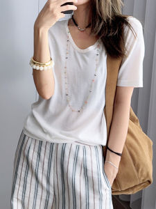 Simple V-neck Ice-T Top Lyocell Acetate Blend Four-Sleeve T-Shirt Summer Commute Basic Solid Color Loose Fit Regular Length