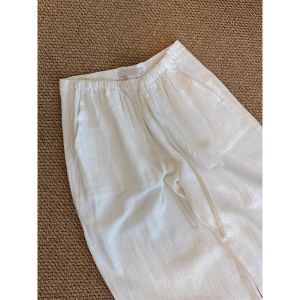 Quần Dài Vải Lanh Rộng Rãi Cạp Cao Màu Trắng Phong Cách Hàn Quốc Cho Nữ Quần Dài Thường Ngày Có Dây Rút