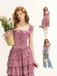 Unifree | Pink Floral Square Collar Chiffon Blouse