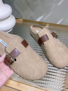 Retro Lazy Belt Buckle Pure Color Slip-On Flat Heel Womens Slippers Casual Style Leatherette Comfortable Spring Autumn Shoes