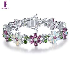 Lohaspie Jewelry Genuine 18 Carats Pure Silver 925 Original Bracelet Natural Opal Rhodolite Garnet Bracelet Multicolor Gemstone Opal Birthstone Bracelet For Women Silver Jewelry