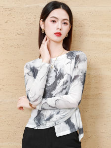 Womens Long Sleeve T-Shirt Mesh Watercolor Painting Irregular Waist-Cinching Top Commute Vintage Print Splice Asymmetrical