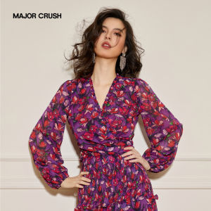 Spring Summer New Design Purple Mist Flower Print High Waist Slimming Full Skirt Dress
