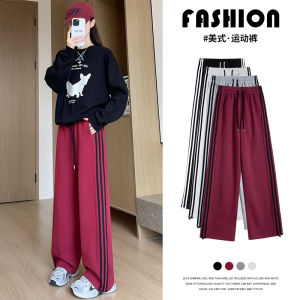 Womens Sport Pants 2025 New Wide Leg Sweatpants Spring Autumn High Waist Cotton Red Stripes Casual Trousers for Ladies