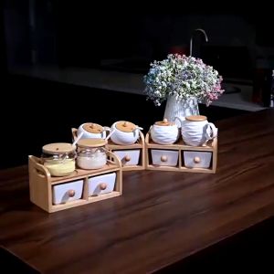 Tempat Penyimpanan Bumbu 4in1 Set Dapur Kaca Keramik Dengan Stand Kayu Dan Sendok