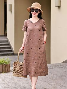 Original Design Summer New Arrival Linen Print Polka-Dot Mid-Length Skirt Travel Art Elegant Cotton Linen Dress