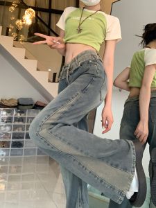 กางเกงยีนส์ทรงหลวมเอวสูงสไตล์ย้อนยุคสำหรับผู้หญิงไซส์ใหญ่ กางเกงขายาวทรงหลวมขากว้าง ฤดูใบไม้ผลิและฤดูใบไม้ร่วง