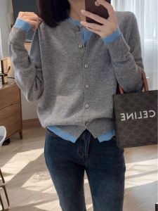Spring Autumn Color Block Fake Two-Piece Open Cardigan Women Loose Layered Thin Outerwear Design Knitwear Tonal Versatile