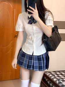 Womens Gathered Waist Short Sleeve Shirt Sweet Japanese Style Slim Fit Uniform JK Suit White Bubble Sleeve Polo Neck Top