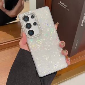 Luxury Glitter Rhinestone Camera Border Laser Love Heart Shell Pattern Phone Case For Samsung Galaxy S25 S24 FE Ultra Plus Cover