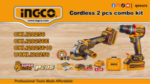 INGCO 20V 2-IN-1 CORDLESS ANGLE GRINDER & IMPACT DRILL COMBO KIT | BRUSHLESS MOTOR | CKLI2025610