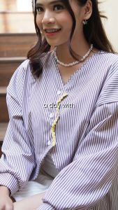 Yoenik Apparel Yuji Oversize Stripe Blouse Kemeja Long Sleeve Katun Motif Salur Korean Style