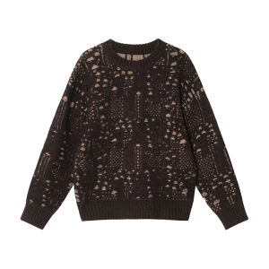 NIHAOKANONG | Áo Sweater Cổ Tròn Dệt Ren Nhỏ Phối Màu Form Rộng
